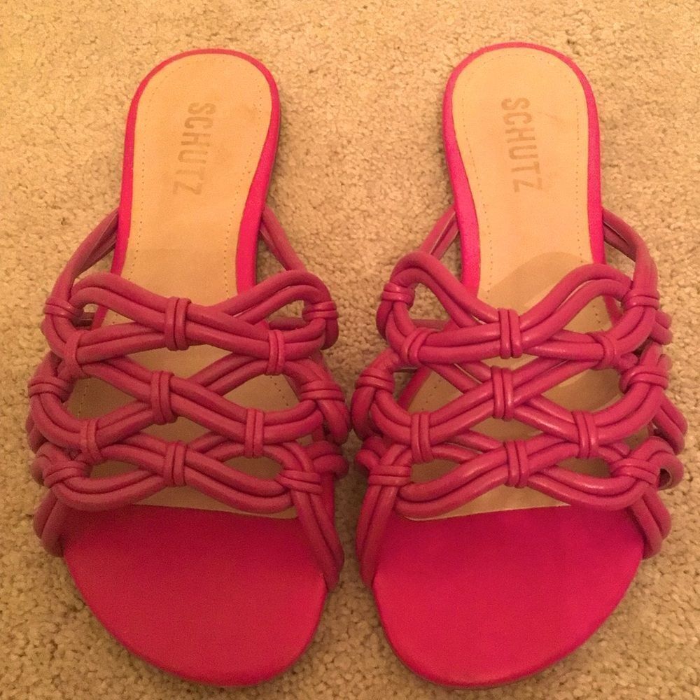 SCHUTZ Soffy Flat Sandal Woven Leather Slides Very Pink Fuchsia